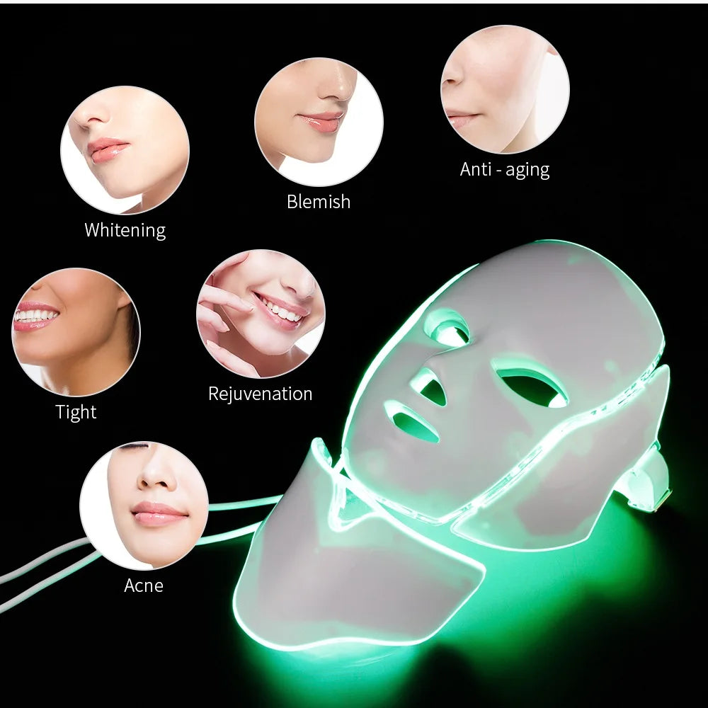 Face+Neck 7 Colors Light LED Facial Mask With Neck Skin Rejuvenation Face Care Treatment Beauty Anti Acne Therapy Whitening