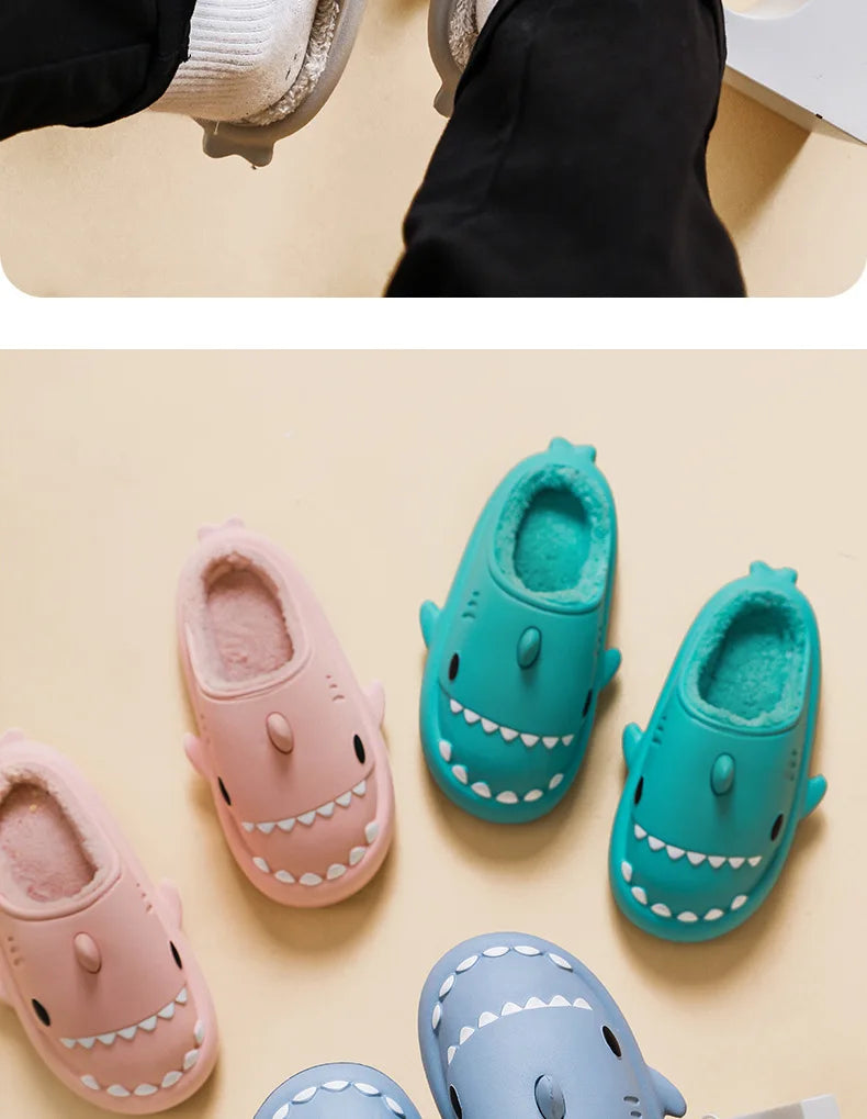 Comwarm Shark Plush Slippers For Women Men Autumn And Winter Warm Cartoon Cotton Slipper Non-Slip Waterproof Outdoor Home Shoes